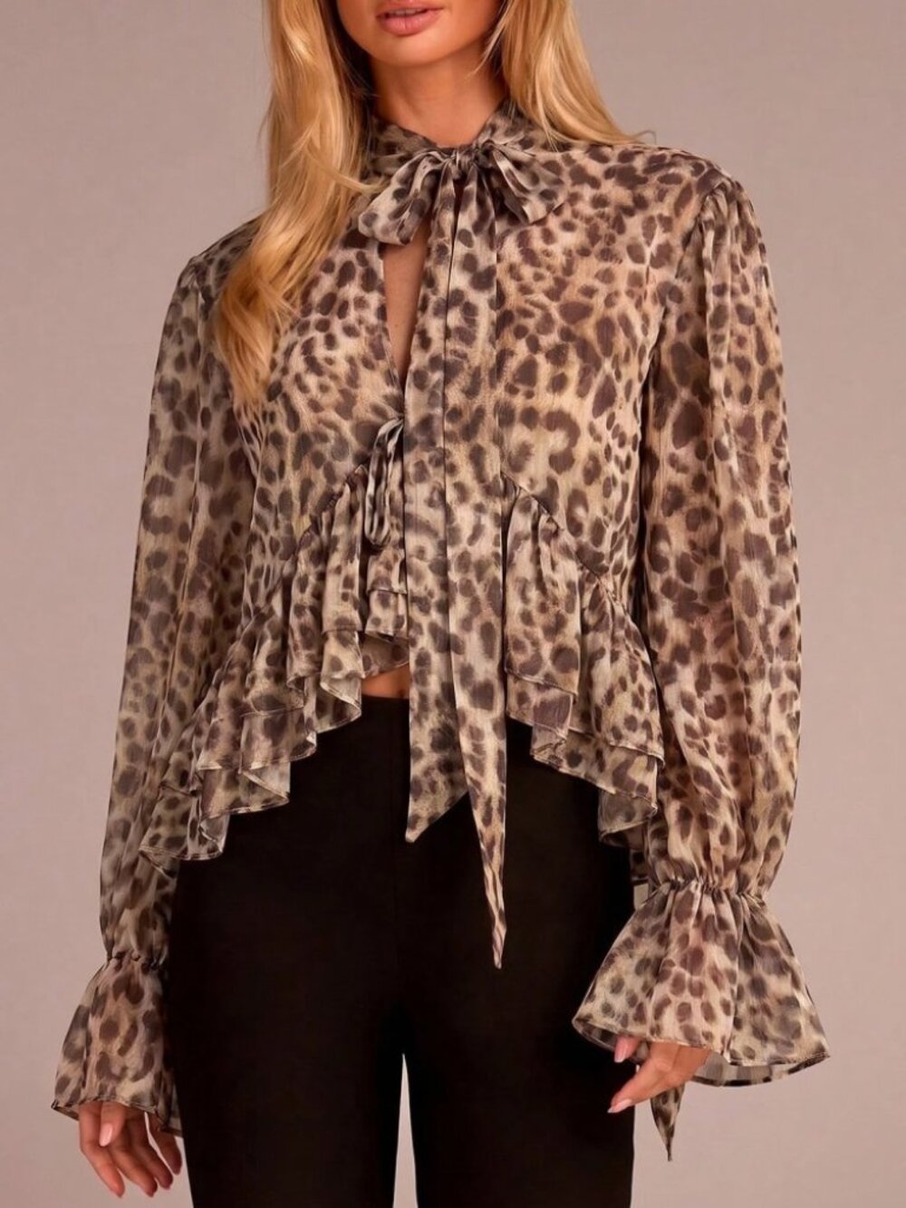 Brown Leopard Print Tie Neck Blouse with Ruffle Hem
